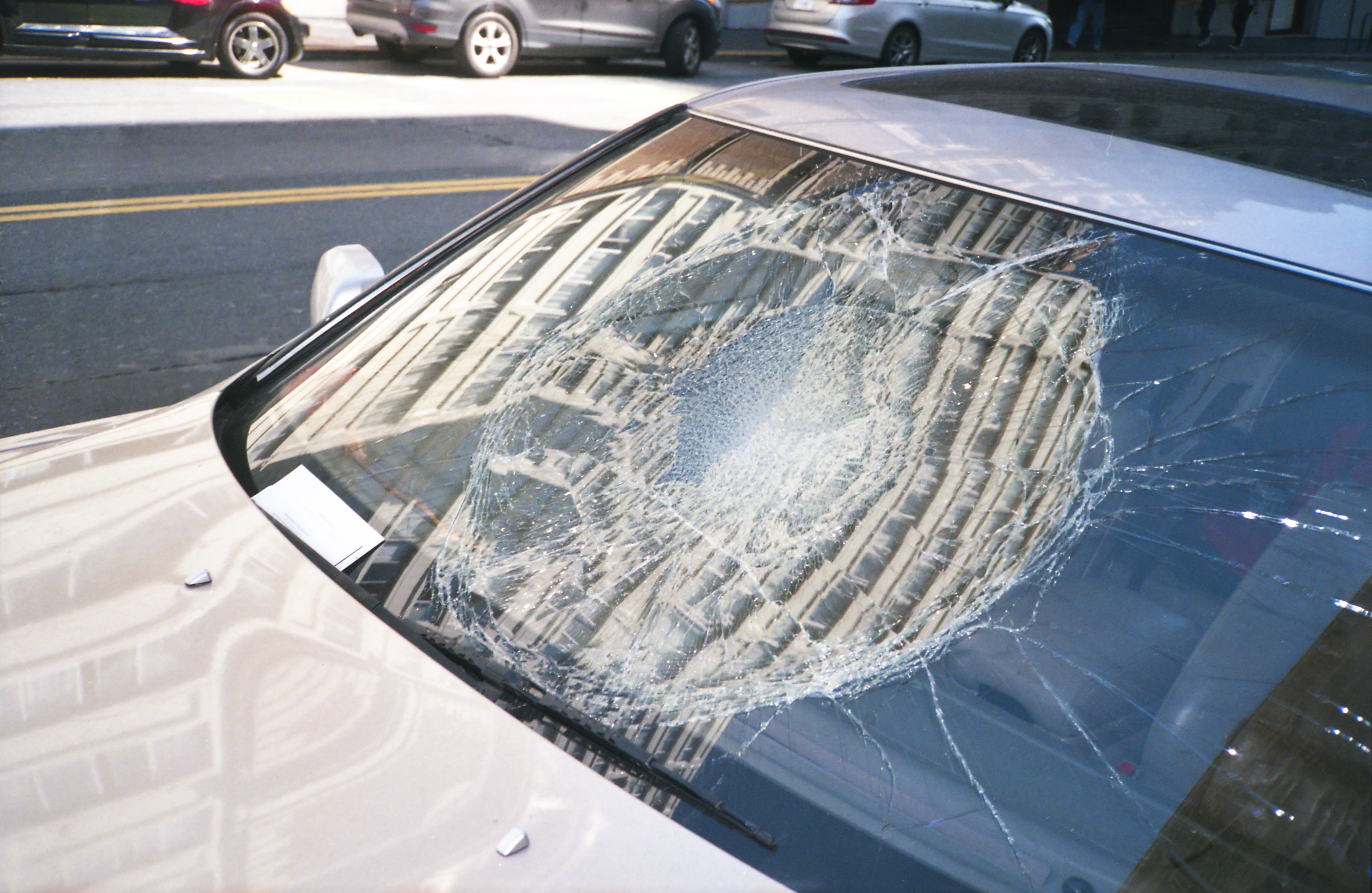 Smashed windshield on a car