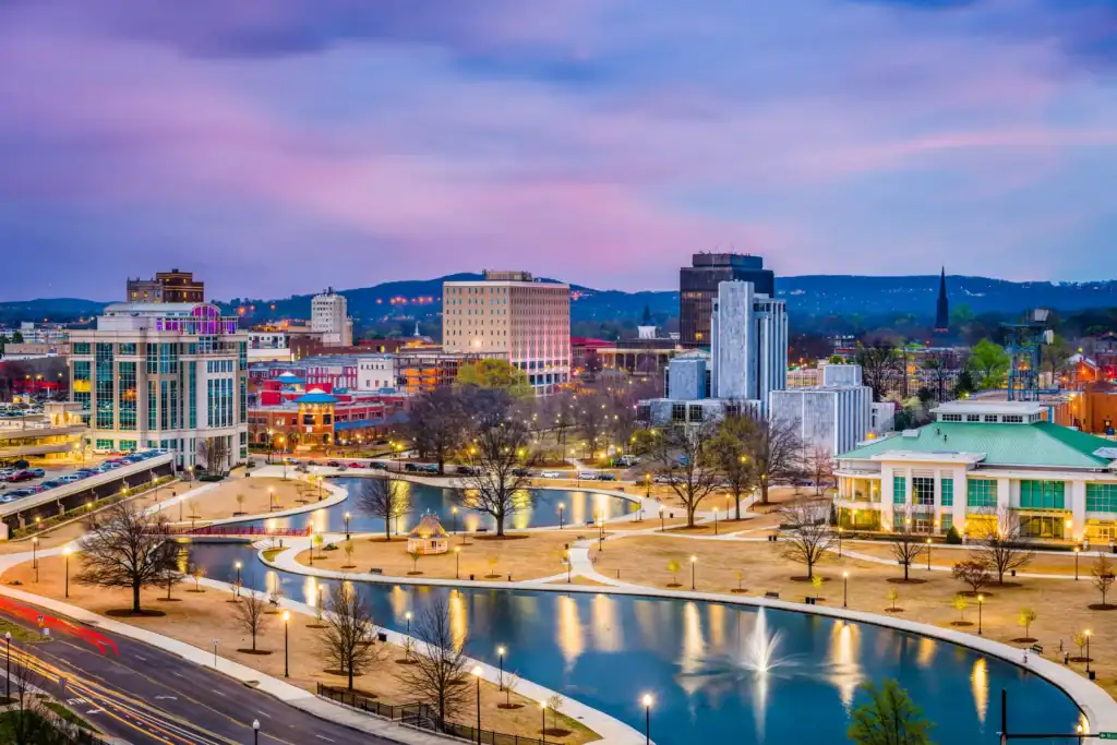 the skyline of huntsville alabama at dusk